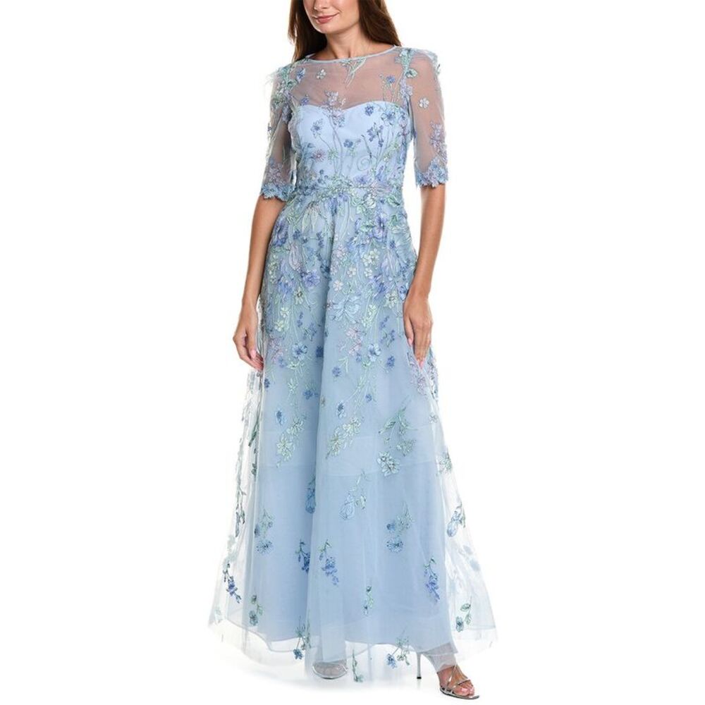 Teri Jon By Rickie Freeman Womens  Embroidered Tulle Gown, Blue
